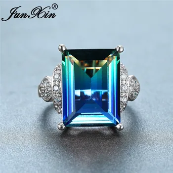

Luxury Rainbow Fire Crystal Rectangle Rings For Women Silver Color Gradient Blue Green Red Zircon Stone Wedding Bands Gifts