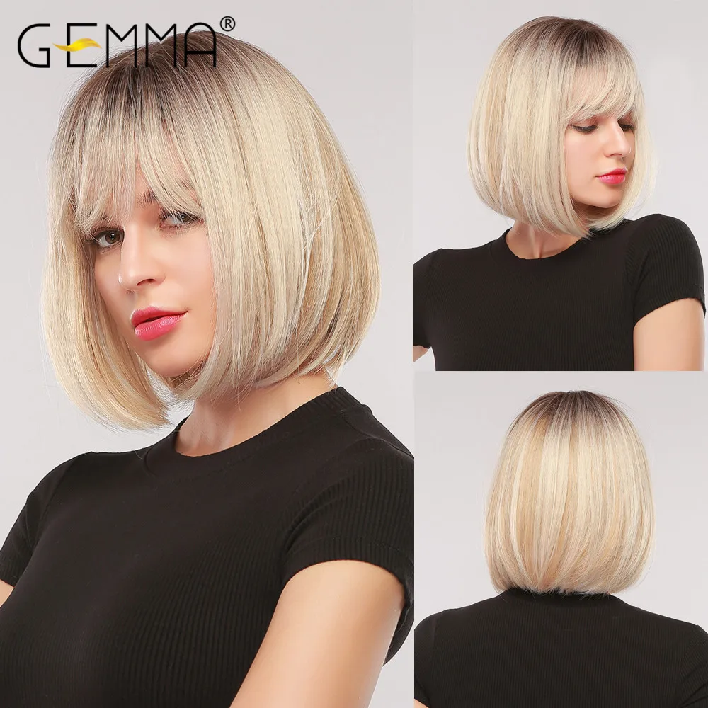 GEMMA Short Straight Bob Synthetic Wigs with Bangs for Women Afro Ombre Black Brown Yellow Blonde Wigs Cosplay Party Daily Hair synthetic blonde wig with bangs short none lace front wig for women middle parting daily cosplay party heat resistant bang wig
