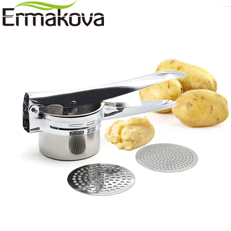 

ERMAKOVA Potato Ricer Masher Stainless Steel Potato Masher Fruit Press Food Strainer Fruit Press 2 Interchangeable Ricing Disks