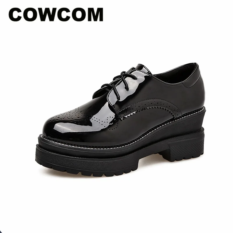 

COWCOM British Wind Carved Patent Leather Wedges Single Shoes Bottom Deep Mouth Round High Heel Platform Shoes HZB-700-2