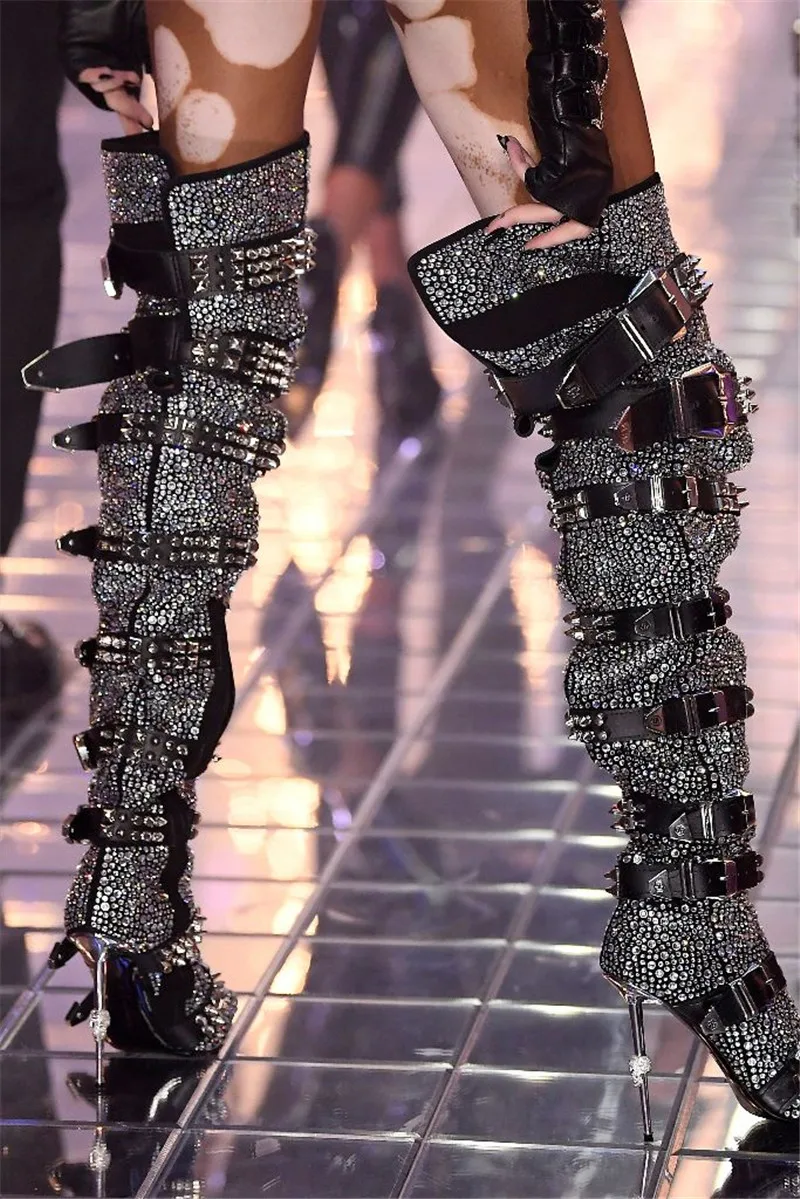 

Luxury Crystal Decor Thigh High Boots Women 2020 Runway Bling Bling Buckle Belted Winter Women's Boots Party Women Autumn Shoes
