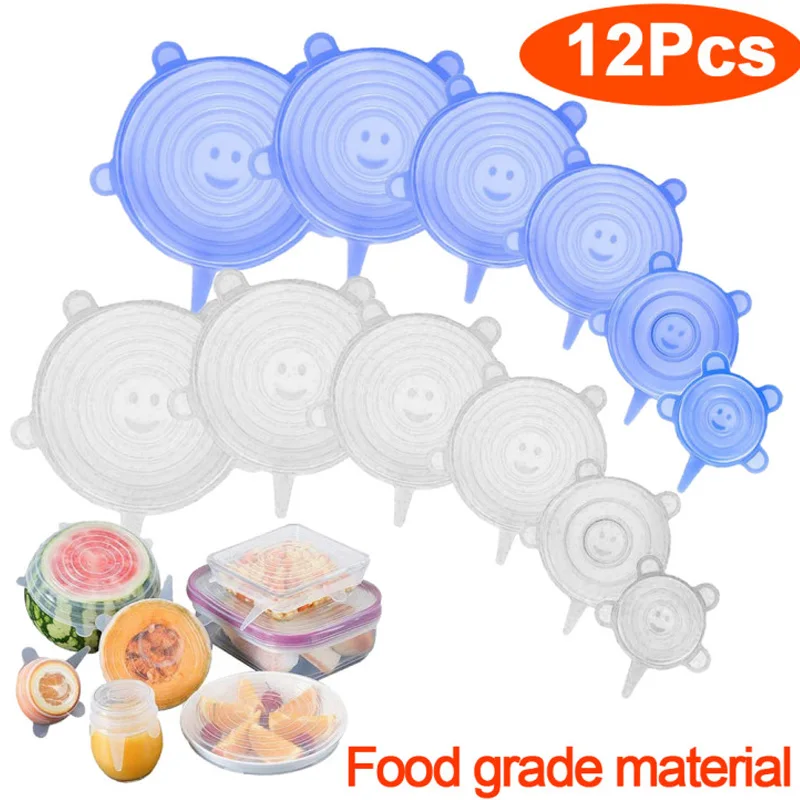 3/6/12 Pcs Food Silicone Cover Cap Universal Silicone Lids for Cookware Bowl Microwave Reusable Stretch Lids Food Wrap