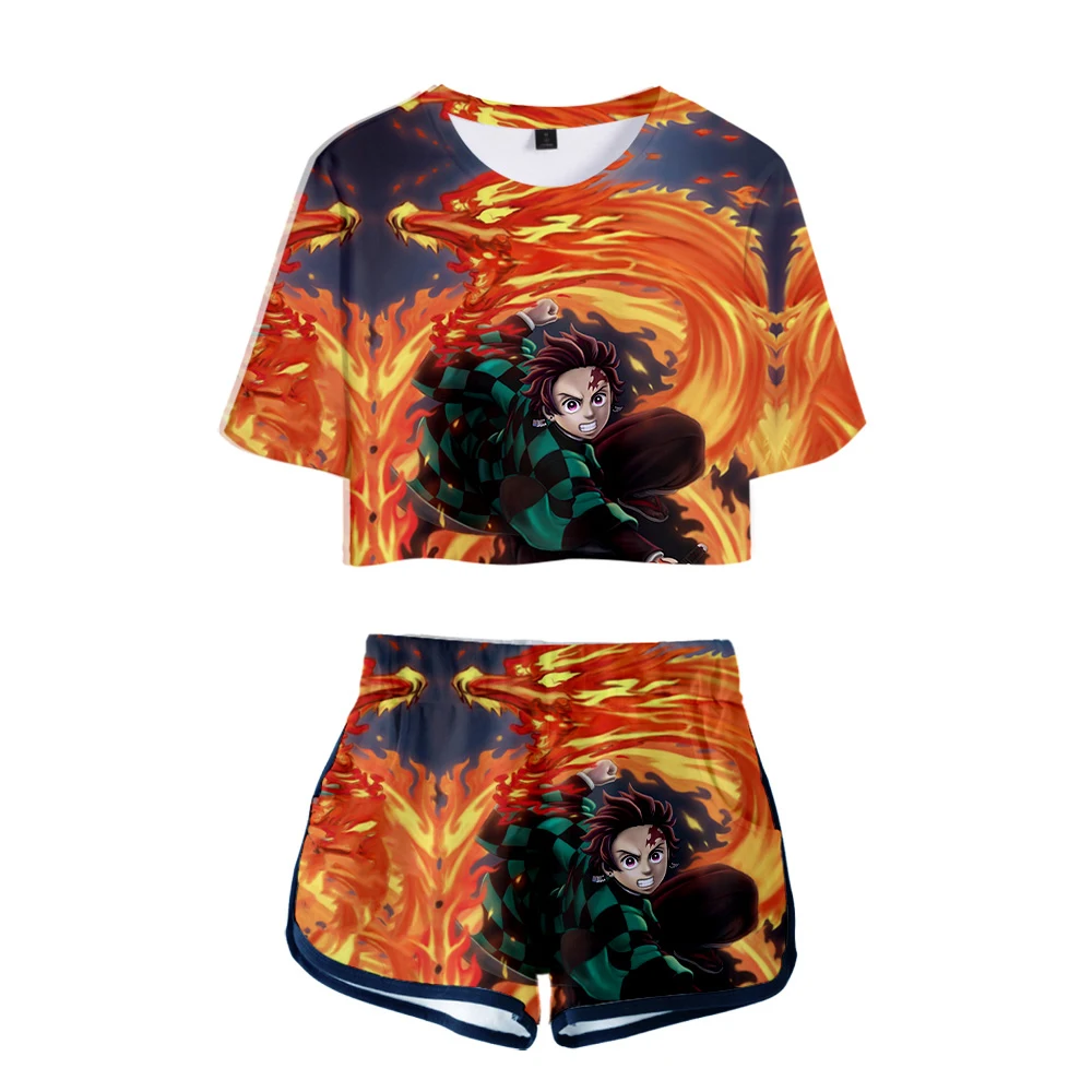 3D Exposed Navel T shirt+shorts print Ghost Blade womens/girls two-piece sets Casual summer 3D Black and white plaid suits