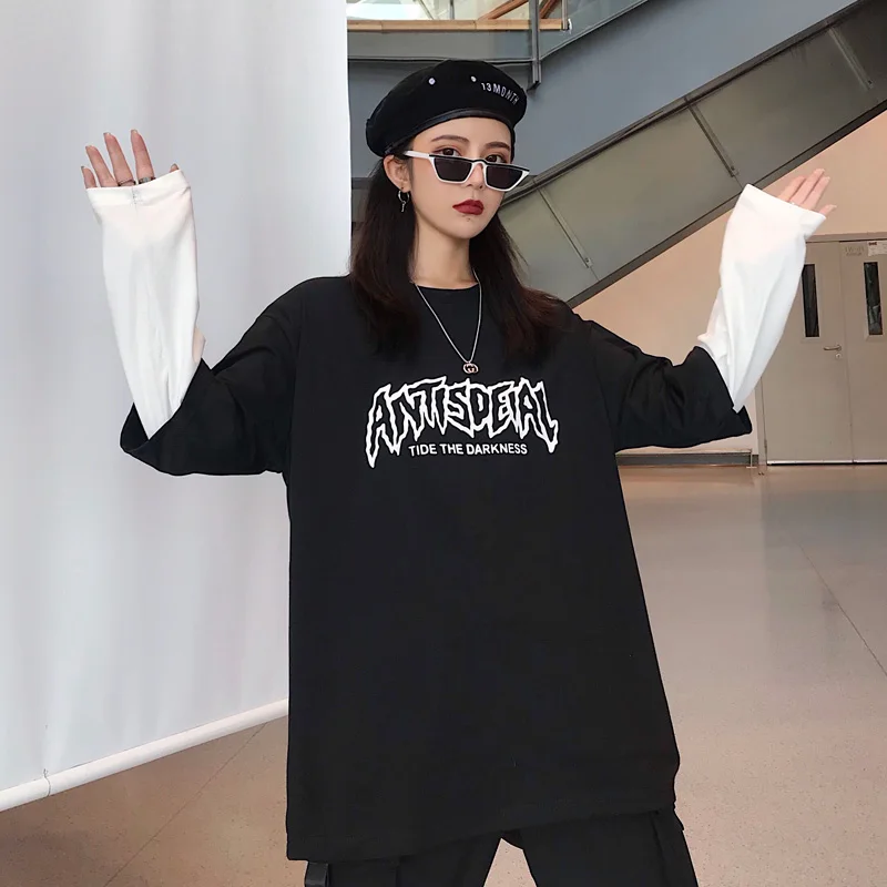 Уличная футболка Женская Толстовка Harajuku поддельные две части печати футболка хип хоп топы негабаритных футболки женские футболки mujer