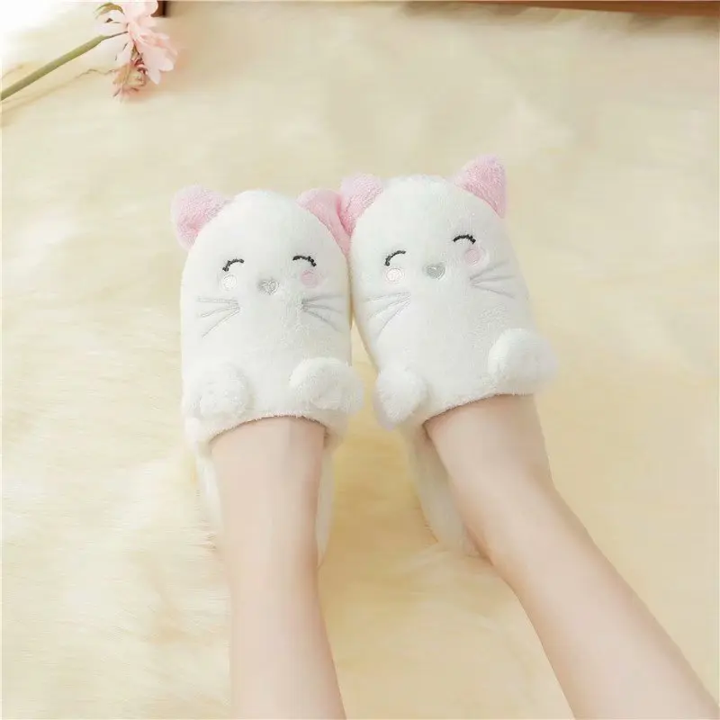 

Millffy Cute white cat slipper warm Cat soft Cartoon Plush Winter Warm Plush animal slipper Home Fluffy Slide Cotton House Shoes