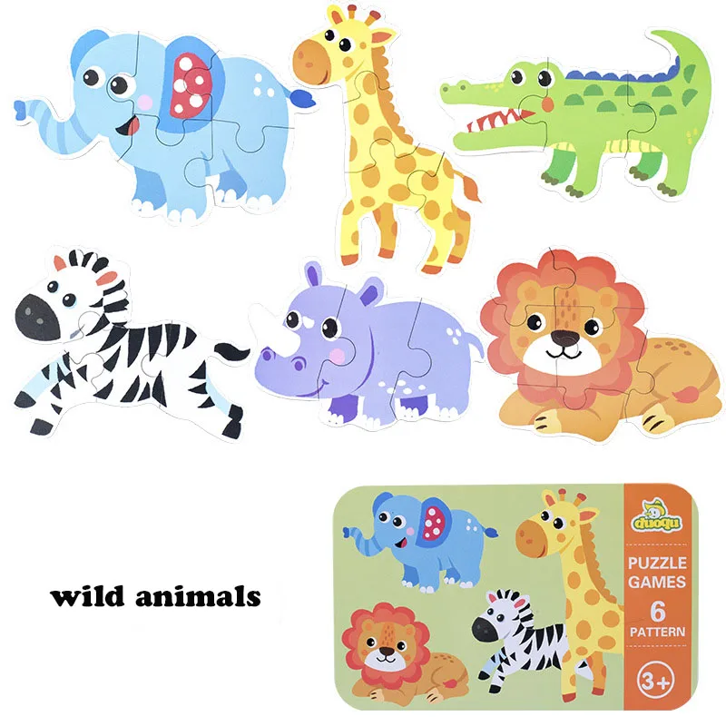 Wooden Learning Card Puzzles Toy Early Educational Toy Cartoon Traffic Animal Fruit With Iron Box Kids Cognitive Puzzle Baby Toy 12