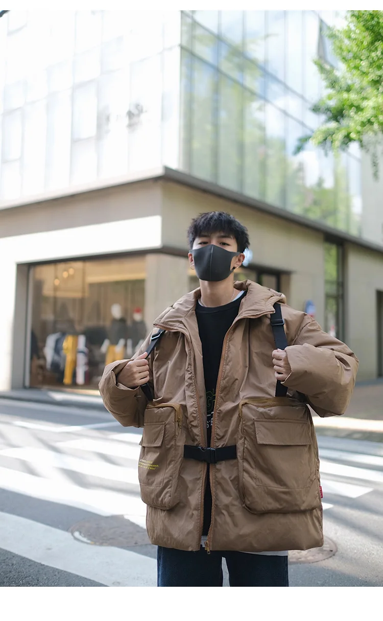 LAPPSTER, Мужская Уличная зимняя куртка,, мужские дутые куртки с большими карманами, с лентами, с капюшоном, пальто для мужчин, Harajuku, толстая парка в стиле хип-хоп
