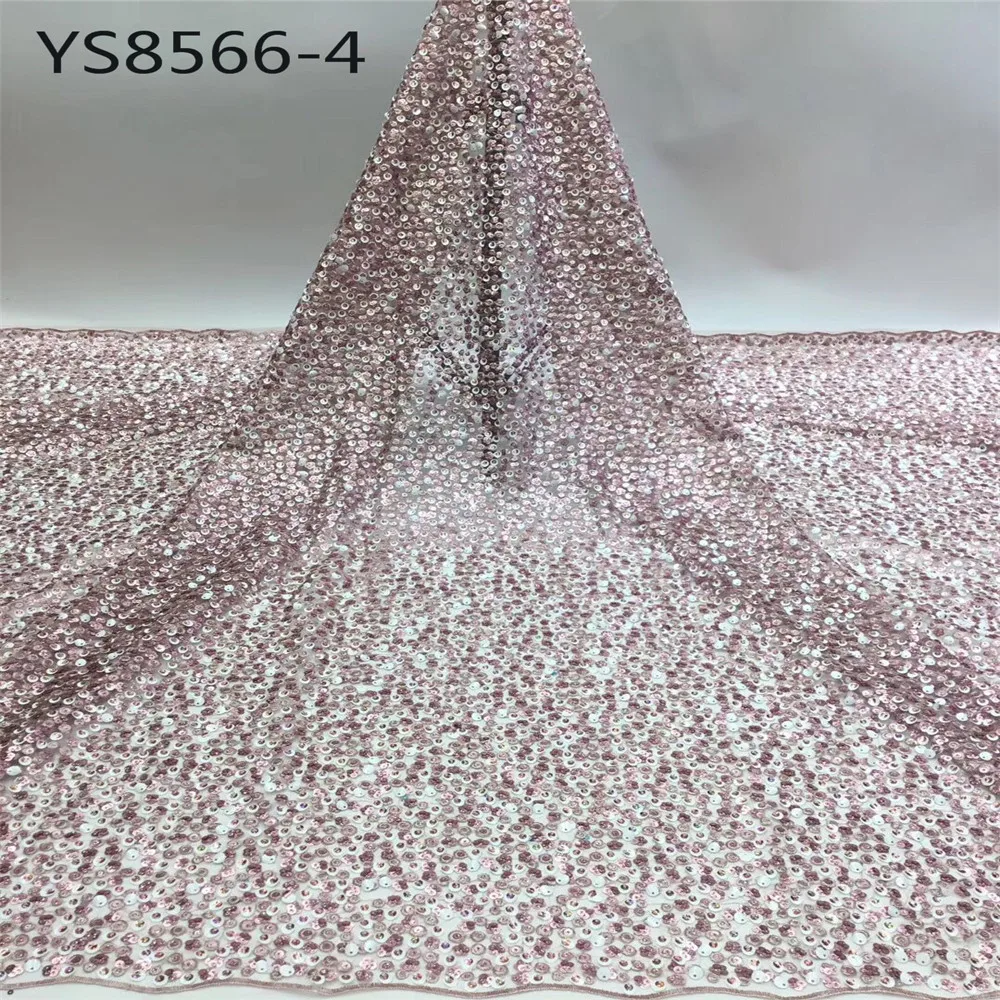 High quality embroidery with sequin Net Lace Beautiful Beige Stretch Lace Labric Wholesale 5 yards