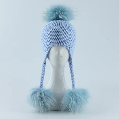Зимняя детская Шапка-бини, Детская шапка-ушанка с 3 помпонами, шерстяная шапка с натуральным мехом, шапка с помпонами для мальчиков и девочек - Цвет: blue fur