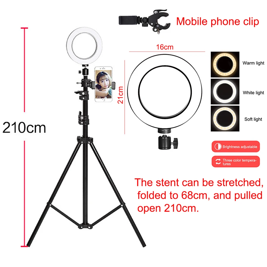 Затемняемый Светодиодный кольцевой светильник 16 см 5 Вт фотостудия камера кольцевая лампа заполняющая свет для видео Live Youtube макияж селфи с штативом