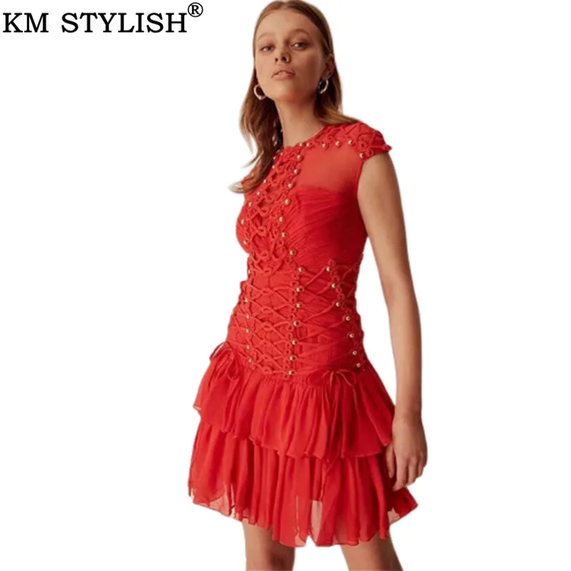 Женское красное платье высокого класса Vestidos осеннее модное платье ZIMM с круглым вырезом без рукавов, украшенное бусинами, со шнуровкой, плиссированное цельнокроеное платье для женщин