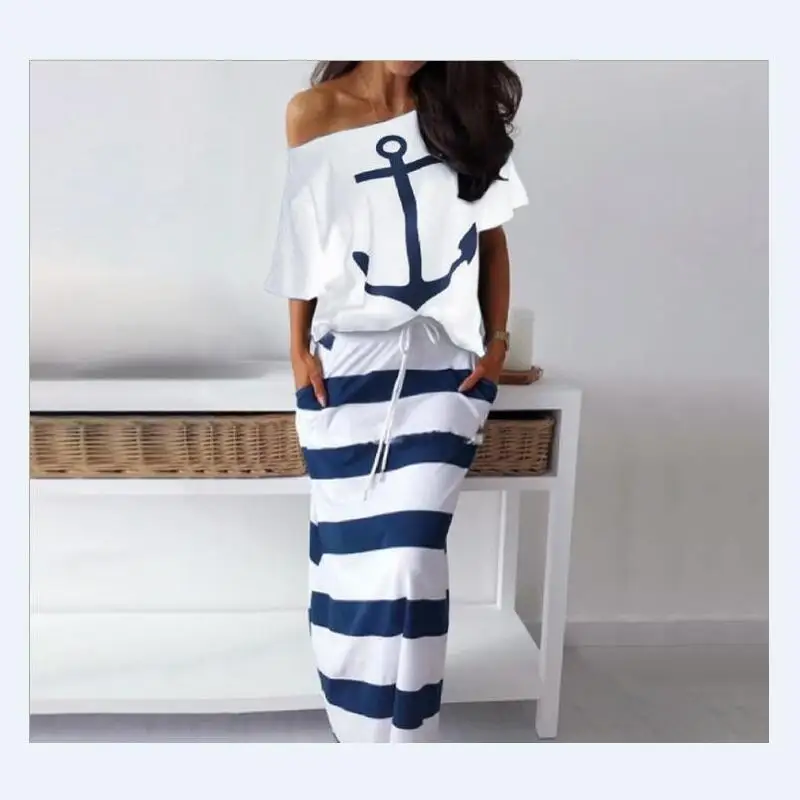 Casual style 2 piece skirt suit short sleeve loose top and striped long two set lady simple |