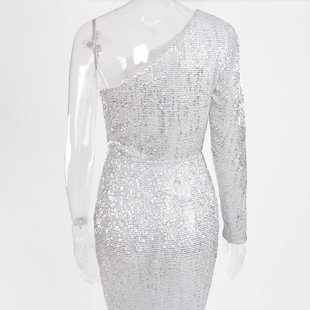 Эластичное Серебряное Вечернее платье с блестками на одно плечо, облегающее летнее платье в пол с открытой спиной