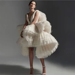 Luxury Unique Ruffled Evening Dresses Deep V-neck A-line Tulle Short Prom Gowns Design For Women Vestidos Свадебное платье 2021