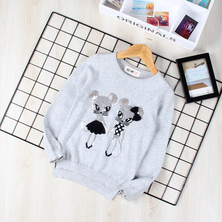 Autumn New Style Childrenswear Cartoon Sequin Embroidered Long-sleeve round Neck Sweater for Girl Sweater Children Knitted