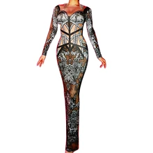 

Rhinestones Striped Pattern Printing Split Fork Dresses Backless Ankle-Length Dress Party Evening Costume Club Stage Wear Women