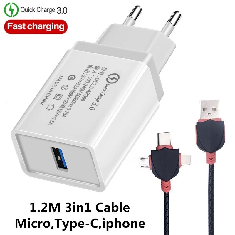 EU White 3in1 Cable EU/US быстрое зарядное устройство QC 3,0 для мобильных телефонов через USB кабель для зарядного устройства для быстрой Зарядное устройство стены Зарядное устройство для samsung Xiaomi huawei iphone X, 6, 7, 8, 11 Зарядное устройство - Тип штекера: EU White 3in1 Cable