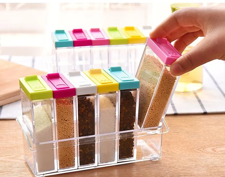 Transparent plastic 6 grids seasoning storage box Container salt and pepper mill spice rack condiment set kitchen accessories