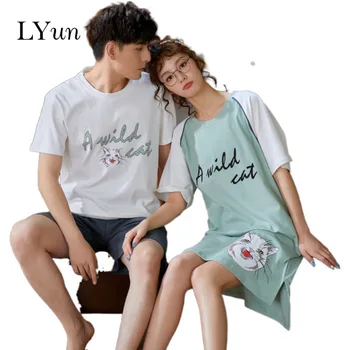 

LYun New summer cotton couple female nightdress summer short-sleeved Korean men's sports cotton home service suit