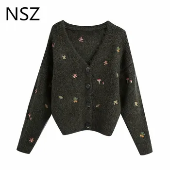 

NSZ Women Oversized Embroidery Sweater Cardigan Long Sleeve Vintage Knit Jacket Coat Fall Fashion Knitwear