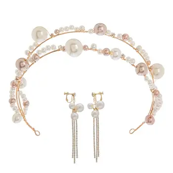 

1 Set Pearl Strand Headband Clip Earring Jewelry Set Bridal Round Beads Ear Decor Crown Jewelry For Party Wedding (Golden)