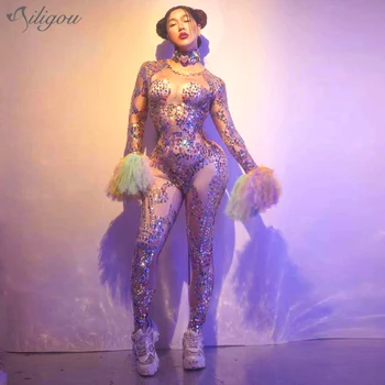 

Ailigou Nightclub Party Sexy Sequin Jumpsuit Women'S Stretch Rhinestone Bare Body Tights Cheerleading Stage Dj Pole Dance Tights