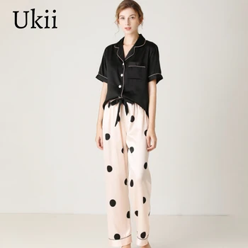 

Ukii Women Pajamas Satin Slik Cute Dots Black Tshirt Pants Sleepwear 2 Piece Sets Lounge Wear 2020 Female Homewear Dropship Pjs