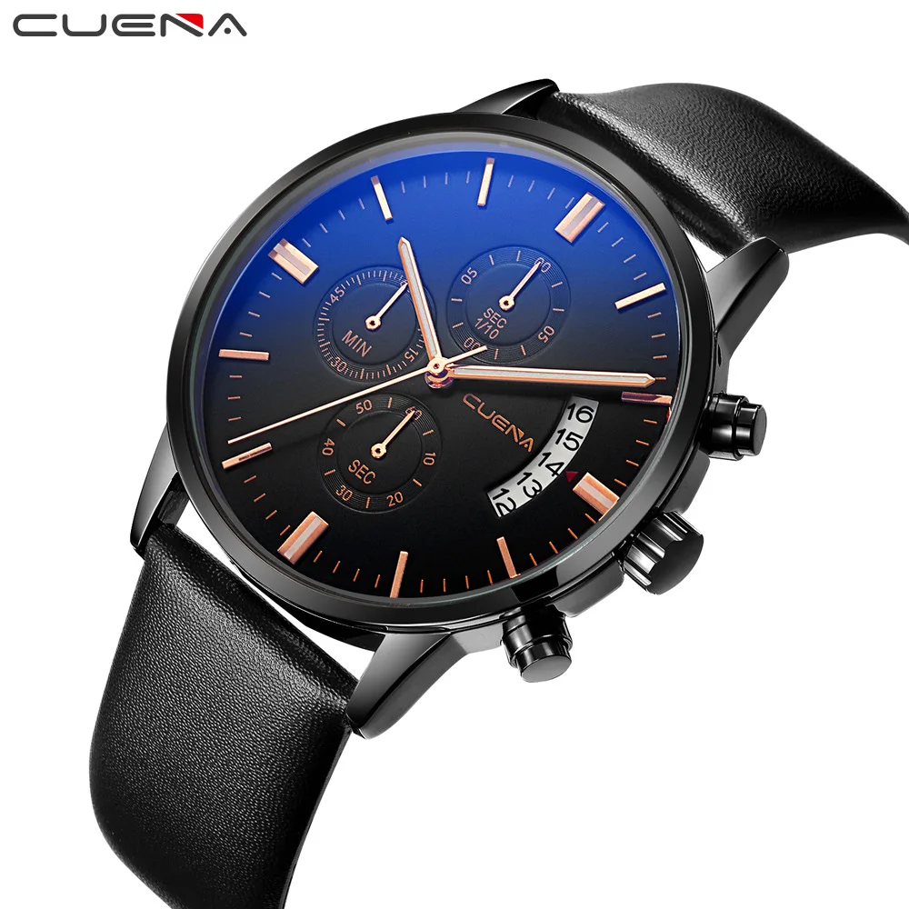 

Cuena/6801 Multi-functional Six-pin Waterproof Leather Belt Watch Blueray Glass Large Watch Dribbling Calendar Belt Watch