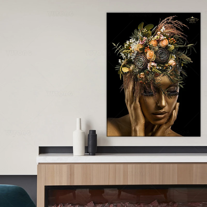 Tableau Sur Toile Avec Cadre femme Avec Chapeau De Fleurs 80x120 Cm