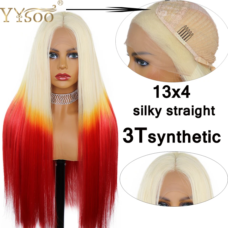 YYsoo блондинка оранжево-красный эффектом деграде(переход от темного к синтетический Синтетические волосы на кружеве парики(3 оттенка, переходящие плавно от темного к светлому) 613 длинные прямые волосы 13x4 бесклеевой фронта шнурка средняя часть парики