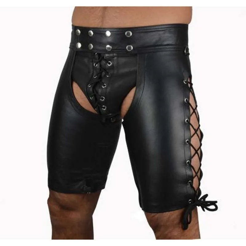 S-2XL Mens Black Sexy Tight Latex PVC Bondage Shorts Gothic Men PU Leather Gay Men's Lingerie Pants Pole Dancing Clothes |