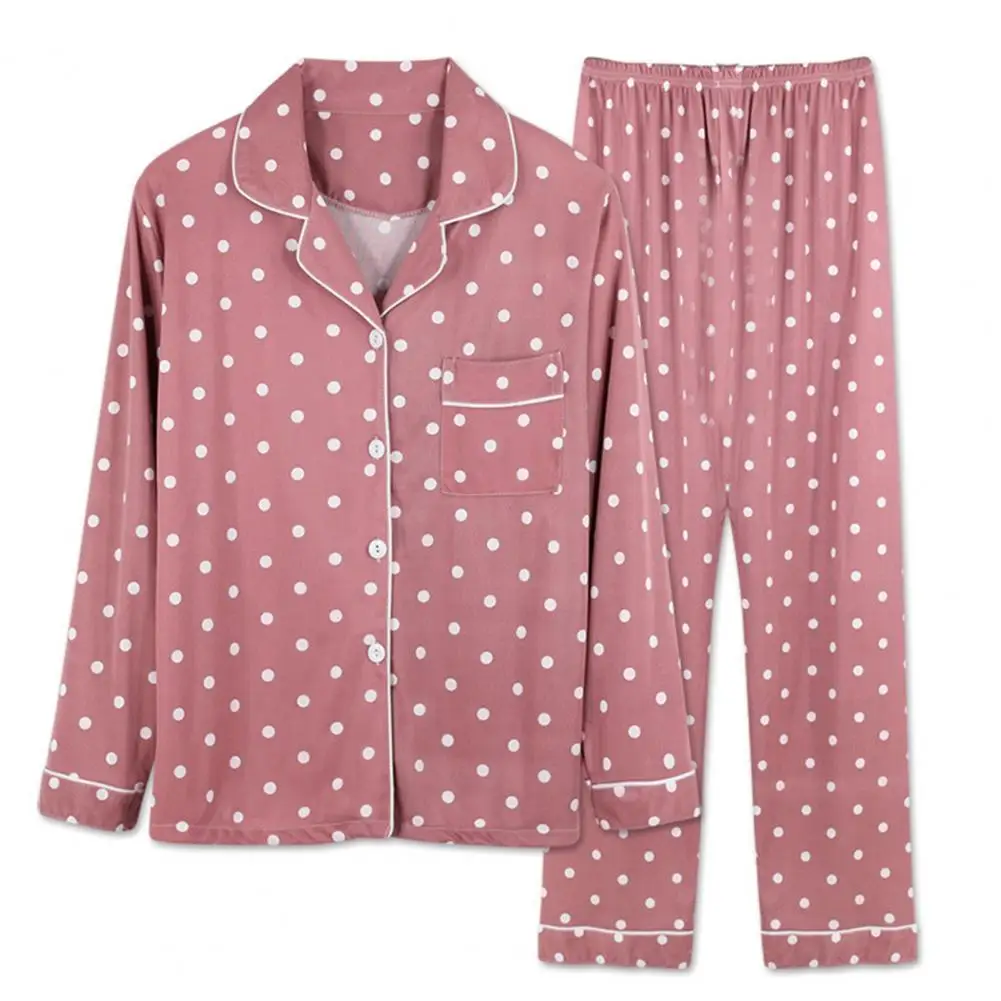 Women Pajamas Set Lapel Elastic Waist Two Piece Dot Print Single-Breasted Blouse Pants for Home Wear Casual