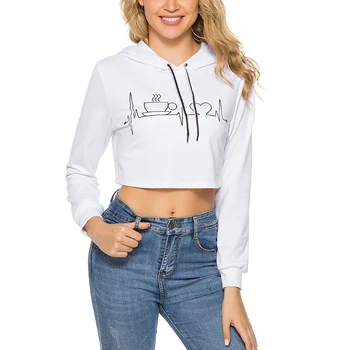 

Woman Hoodies Lady Hooded Printed long-sleeved Solid Color Dew Waist Cropped Hoodie Feminina Sweatshirts