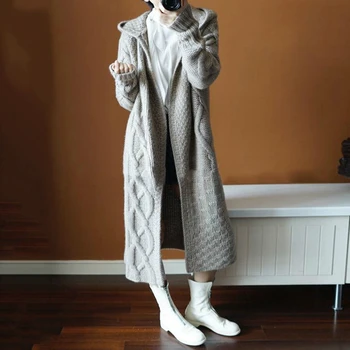 

LANMREM 2020 autumn and winter women's hooded thickened knitted casual fashion solid vintage cardigan long coat sweater 2A399