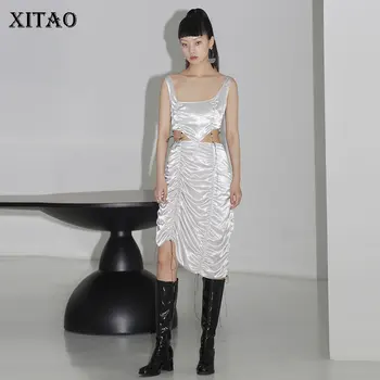 

XITAO White Backless Dress Drawstring Off Shoulder 2020 Summer Sleeveless Pleated Sexy Style Irregular Casual Dress ZP1112