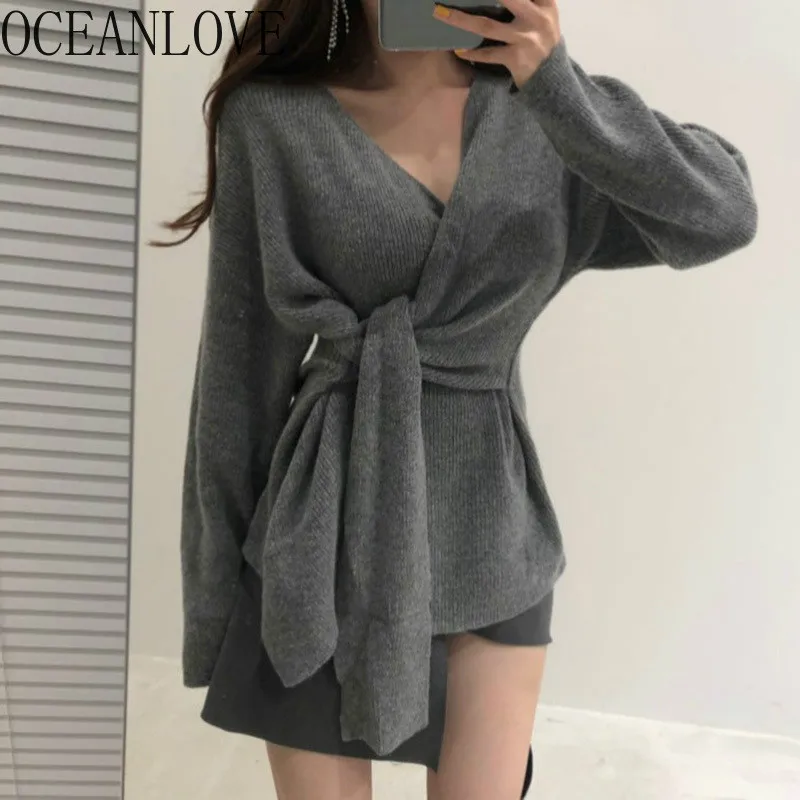 

OCEANLOVE Bandage Solid V Neck Sweaters Korean Vintage Elegant Winter Clothes Women Long Sleeve Irregular Pull Femme 13010
