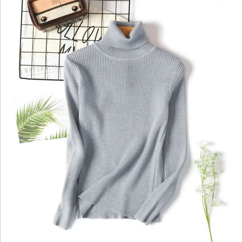 Элегантные свитер женский ребристый с высоким воротом и длинным рукавом Повседневный вязаный свитер основной пуловер теплый свитер водолазка осень - Цвет: gray