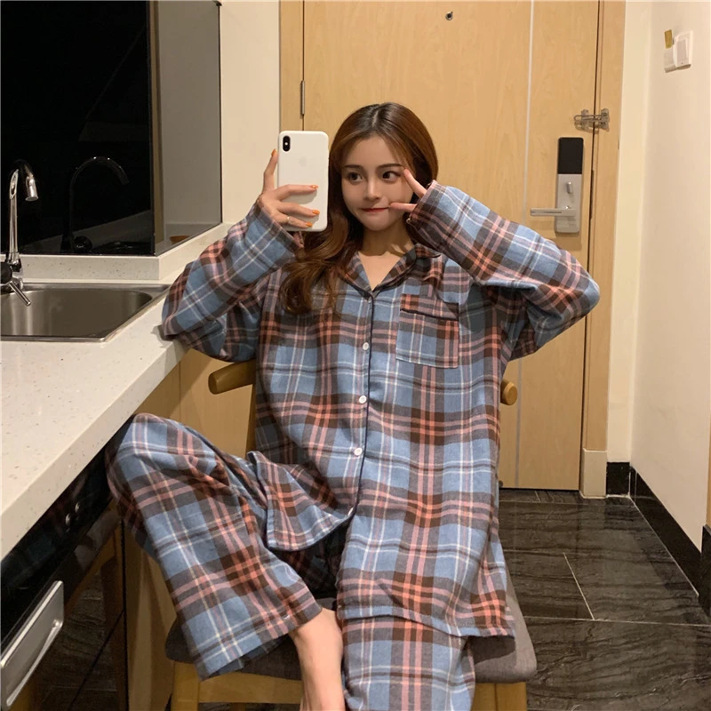 

Свободная Пижама, Новинка весна-осень 2022, романтичный хлопковый костюм для пар в клетку, повседневный домашний костюм, пижама, женский халат