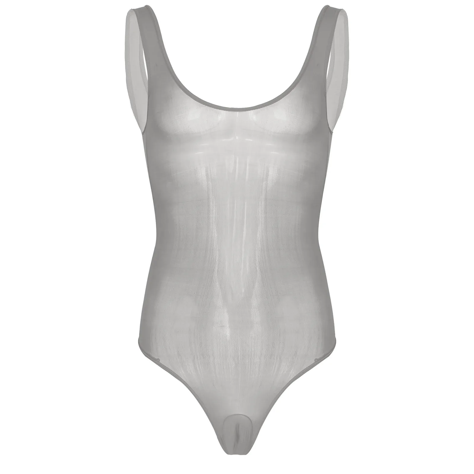 Sexy Men Glossy Swimsuit Bodysuit Exotic Lingerie Catsuit Sleeveless Bulge Pouch Underwear Leotard Transparent Bodysuit Swimwear