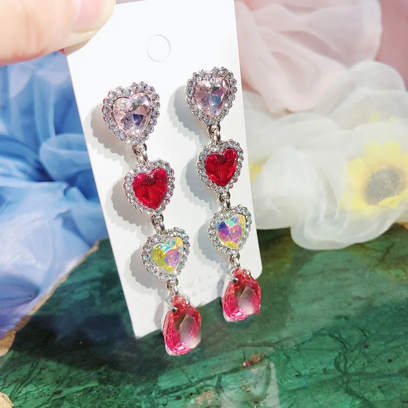 Women colorful crystal heart earrings retro elegant female earrings fashion and shiny jewelry