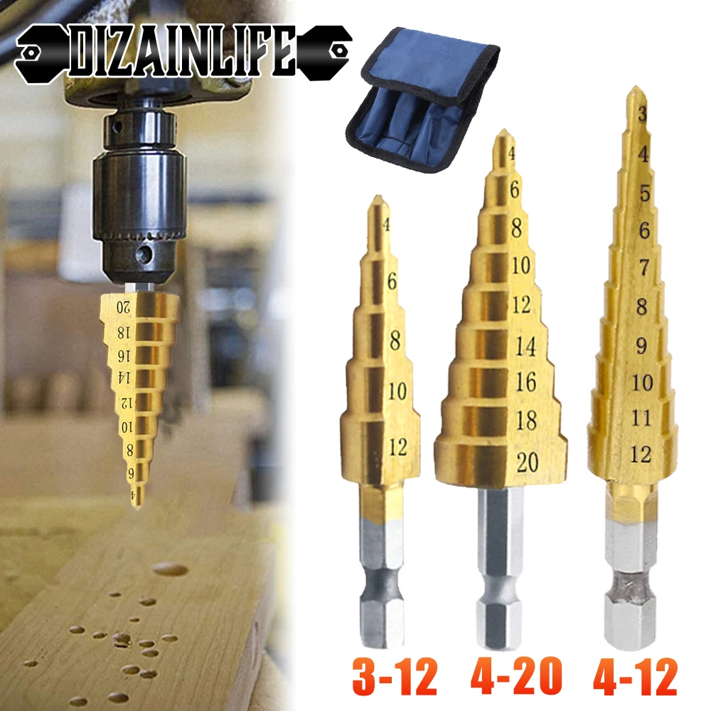 3 pcs Titanium Coated Step Drill Bits Drilling Power Tools for Metal With Pouch