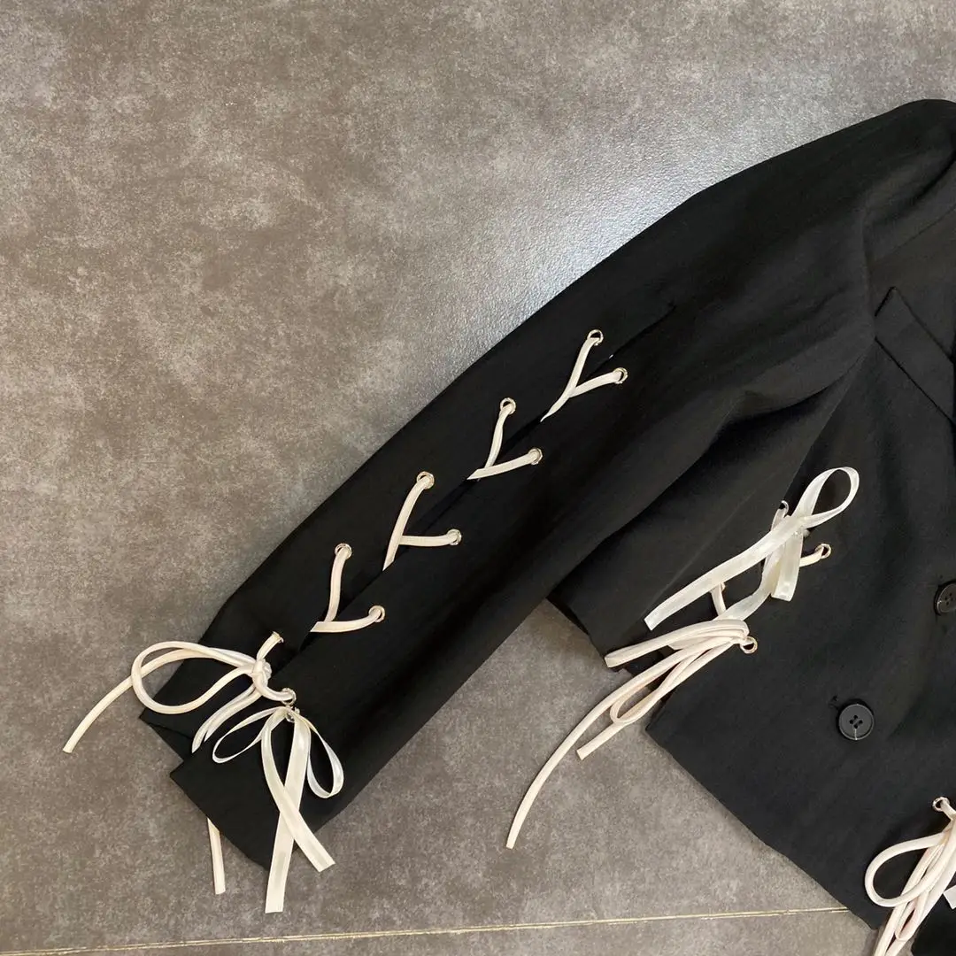 Spring Autumn Long Sleeve Notched Collar Lace Up Short Jacket Women Vintage Retro Gothic Goth Blazer Women Coat Cropped Tops