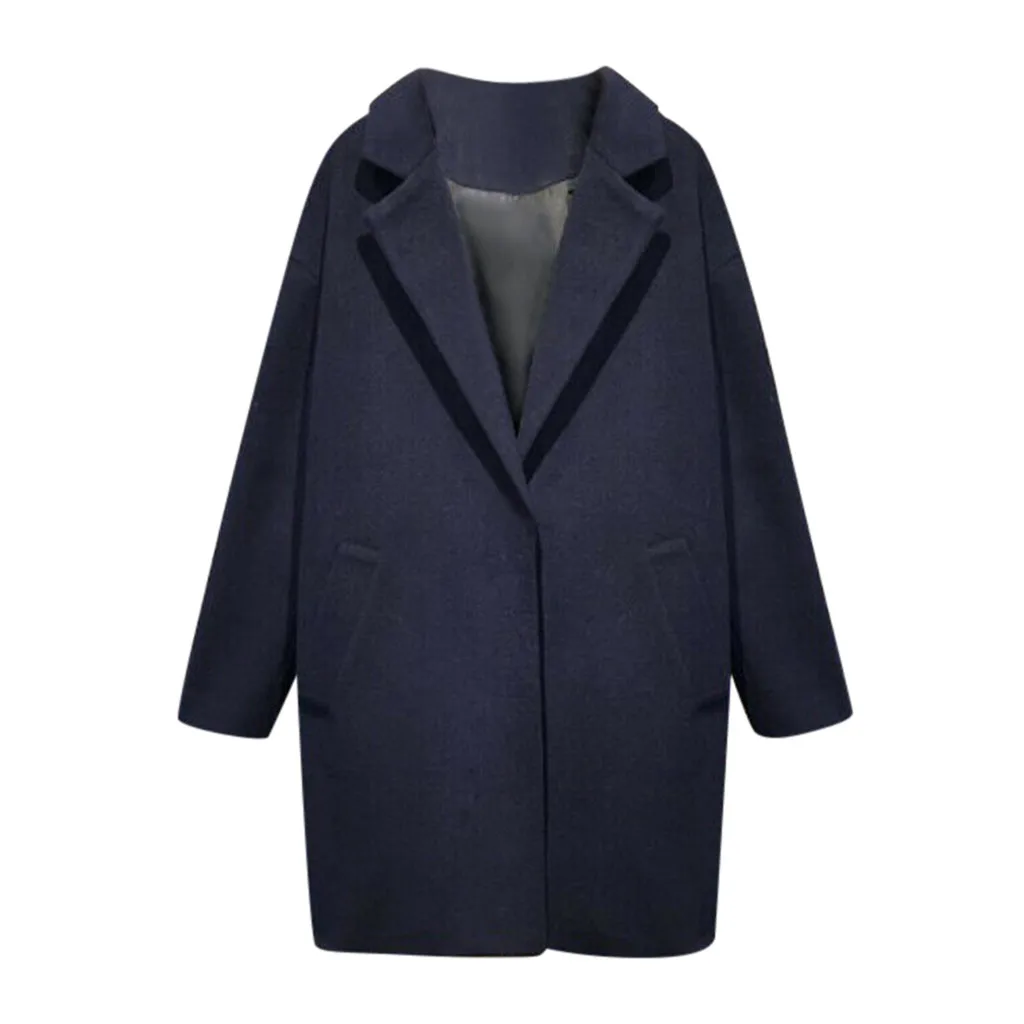 Lapel Cashmere Wool Womens Long Wool Blends Coat Solid Color Outwear Oversize winter Warm Coat women Casual Overcoat Outwear - Цвет: Тёмно-синий