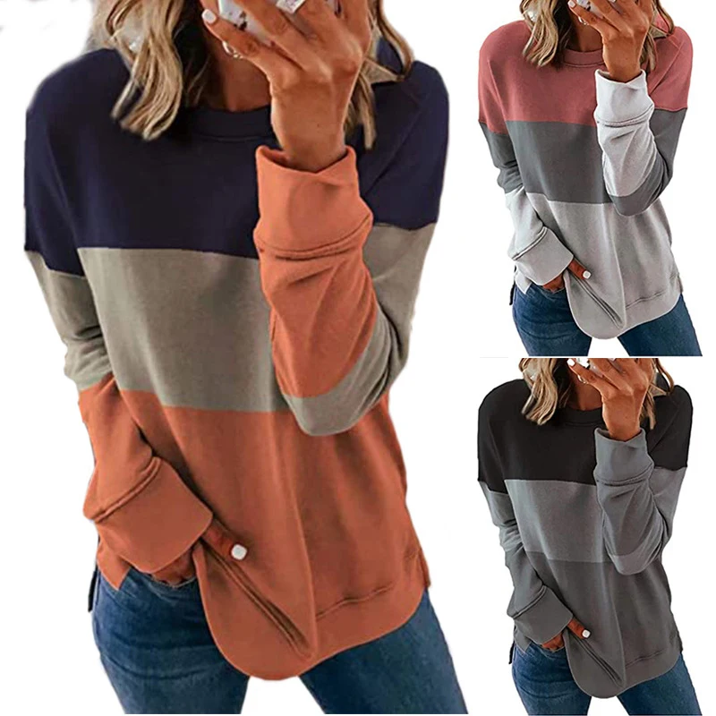 

New Pullover Crew Neck T-Shirt Women Patchwork Tunic Multiple Options Sweatshirt Loose Fashion Long Soft Sleeve Tees Tops