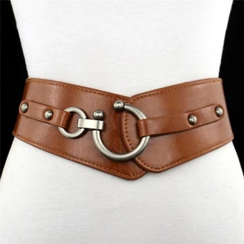 

Brand New Fashion Gold Semi-circular Buckle Wide Belt Female Brown/Black/Wine Red PU Leather Waist Belts For Women Dress Pants