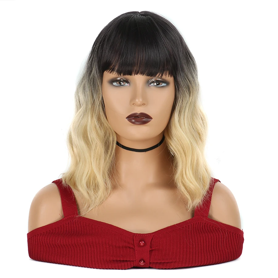 

short Wave Bob Wigs With Bangs Shoulder Length Women Short Wig Curly Wavy Synthetic Cosplay Wig Pastel Wig for Girl Costume Wigs