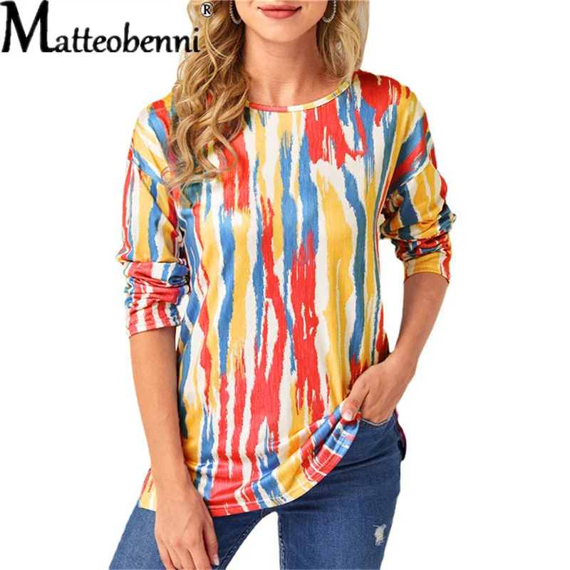 

Women's Clothing Autumn New Fashion Ladies Tie-dye Printed Striped Loose Long-sleeve T-Shirt Top Female Pullover