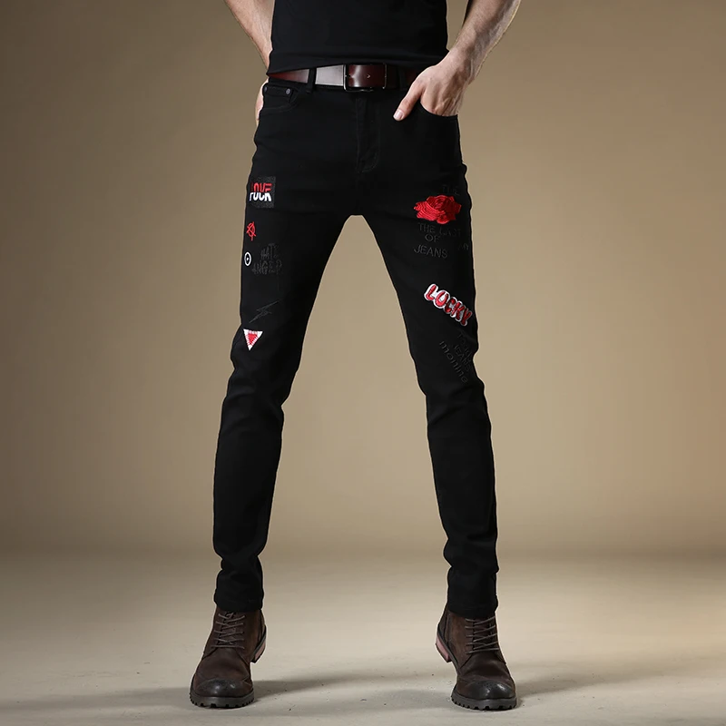 Men Jeans Fashion Rose Embroidery Black Denim Streetwear Straight Pencil Pants