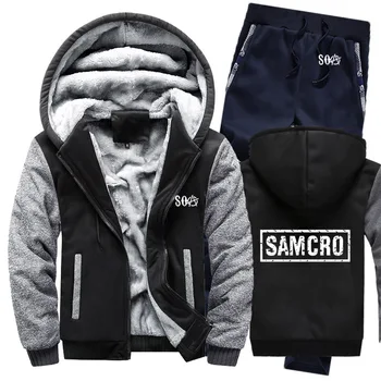 

SOA Sons of Anarchy Hoodies Mens Suit Winter fleece Thicken Warm zipper Sweatshirt SAMCRO Mens Hoodies Jacket +Pants 2Pcs Sets