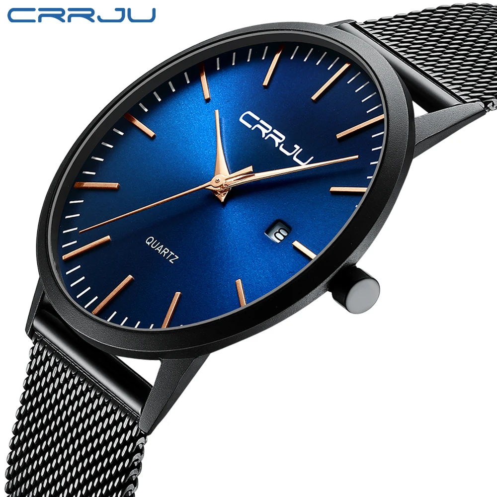 

Watch, Mens Watch, CRRJU Ultra Thin Watches Minimalist Fashion Simple Wrist Watch Analog Date with Stainless Steel Mesh Band